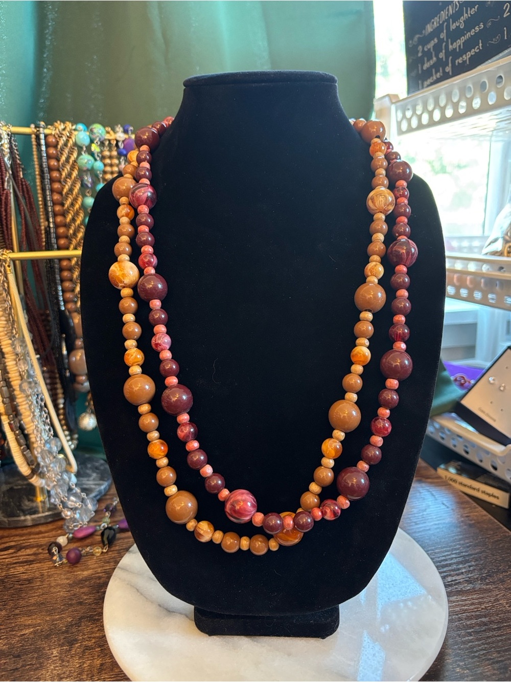 VTG Matching Pair Long Beaded Necklaces Caramel Brown & Plum Marbled Retro Set